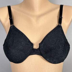 Vintage Vanity Fair Bra Size 34B 75-152 Black Semi Sheer Jacquard Lace Unlined